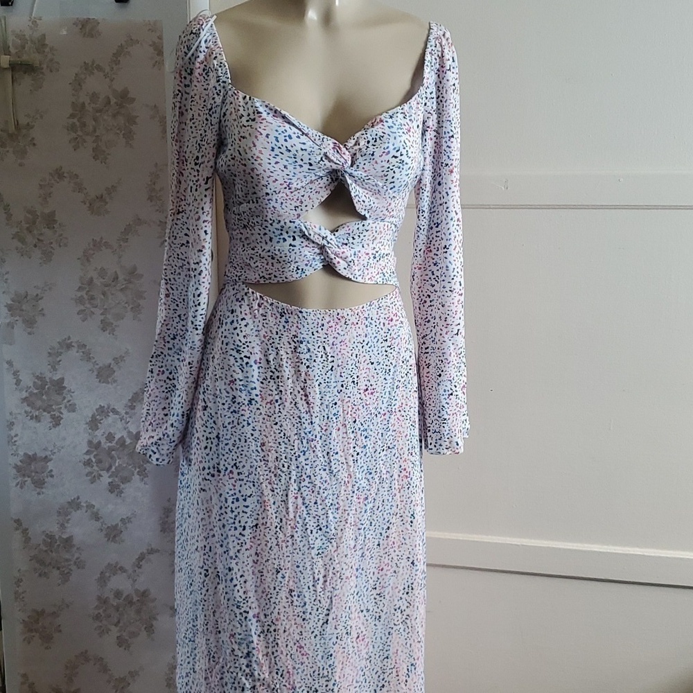 AFRM rainbow splatter leopard print white maxi dress long sleeve cut out Size M - Picture 2 of 12